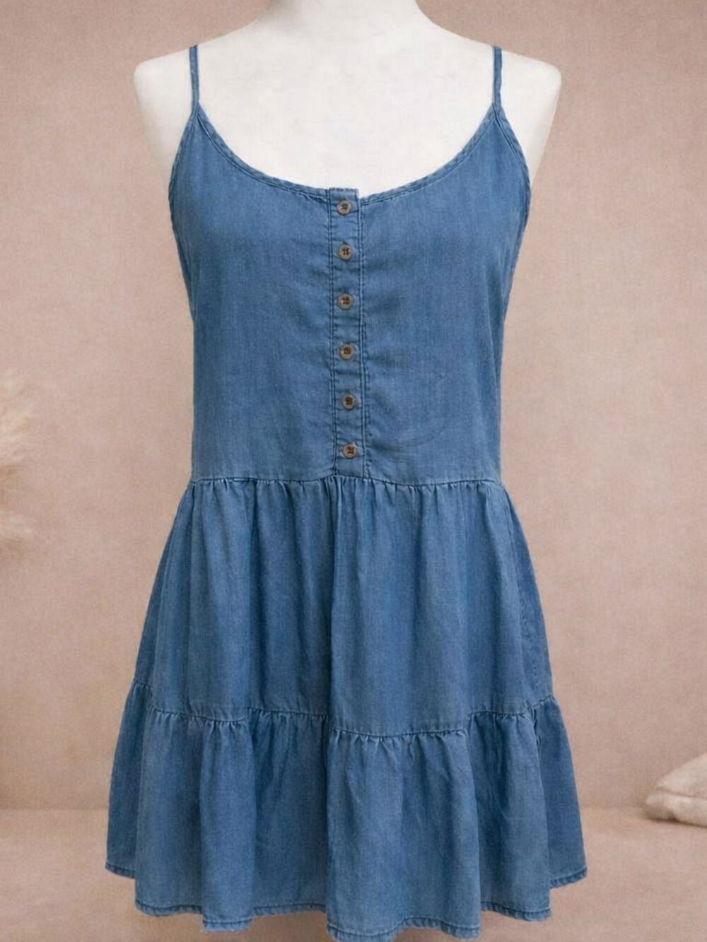 Blue Chambray Tiered Sundress Cottagcore Barbiecore Spaghetti Straps